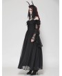 Dark in love Black Gothic Feather Floral Cold Shoulder Long Chiffon Dress