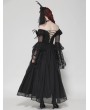 Dark in love Black Gothic Feather Floral Cold Shoulder Long Chiffon Dress