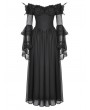 Dark in love Black Gothic Feather Floral Cold Shoulder Long Chiffon Dress