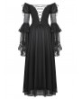 Dark in love Black Gothic Feather Floral Cold Shoulder Long Chiffon Dress