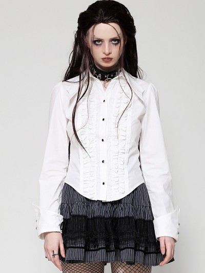 Dark in love White Gothic Ruffle Front Button Up Long Sleeve Blouse for Women