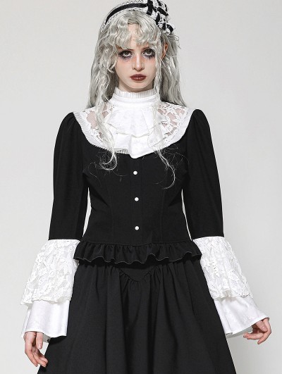 Dark in love Black and White Elegant Gothic Doll Ruffled Blouse for Women