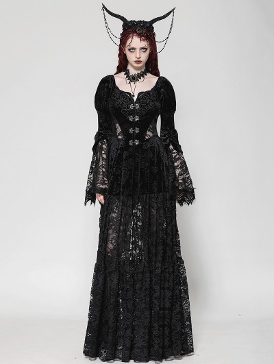 Dark in love Black Vintage Gothic Embossed Velvet Lace Long Outwear for Women