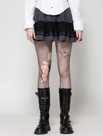 Dark in love Dark Striped Scholarly Lace Trim Gothic Mini Skirt