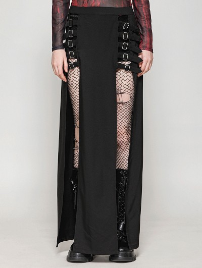 Dark in love Black Gothic Punk Metal Buckle Slit Long Skirt