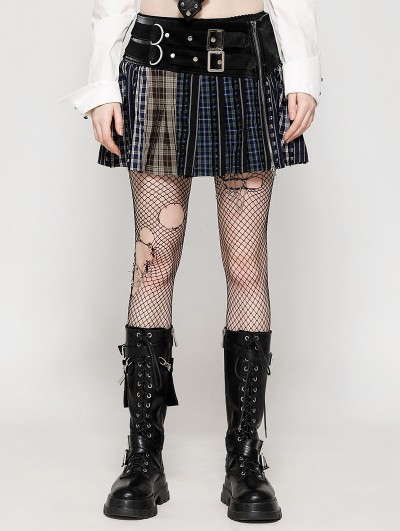 Dark in love Colorful Plaid Patchwork Faux Leather Waist Mini Skirt