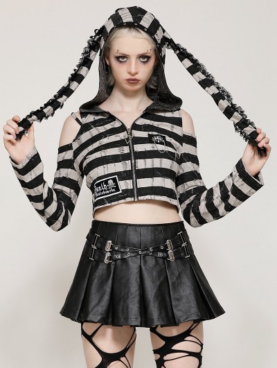 Dark in love Black and White Gothic Bunny Ear Striped Crop Top for Women