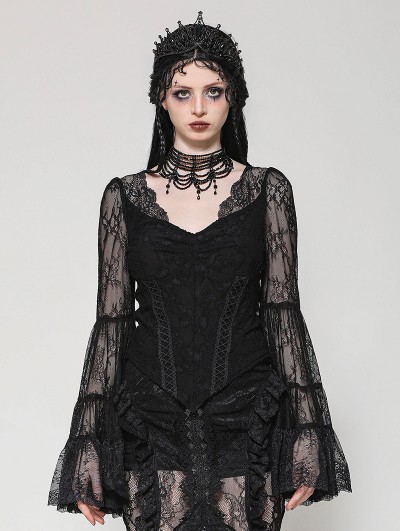 Dark in love Black Gothic Lace Long Bell-Sleeve Shirt for Women