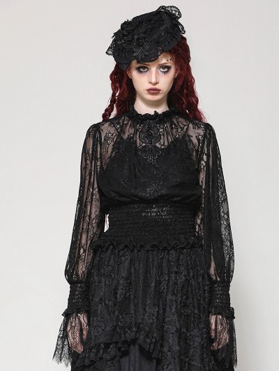 Dark in love Black Gothic Lace Shirred Waist Long Sleeve Shirt for Women