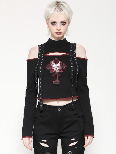 Dark in love Black Gothic Punk Cross Pattern Cut Out T-Shirt for Women