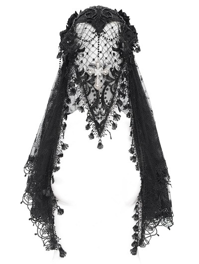 Eva Lady Black Gothic Elegant Lace Flowers Cross Mantilla Wedding Veil