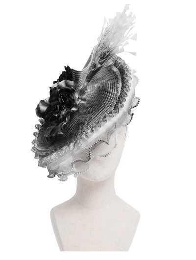 Eva Lady White and Gray Vintage Gothic Feather Rose Beaded Party Hat