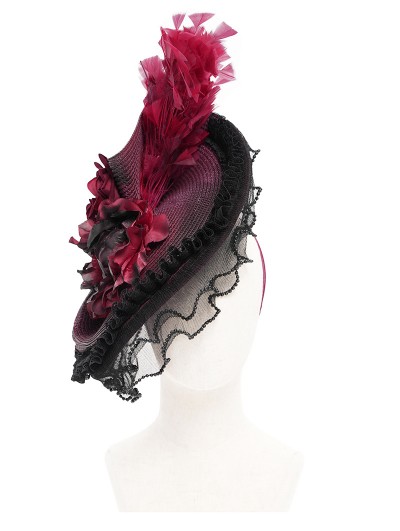 Eva Lady Black and Red Vintage Gothic Feather Rose Beaded Party Hat