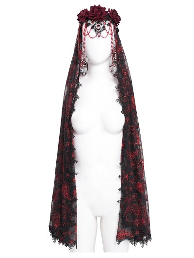 Eva Lady Red and Black Gothic Retro Beaded Floral Bat Lace Veil