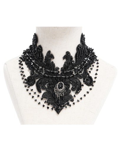 Eva Lady Black Gothic Vintage Lace Crystal Beaded Necklace