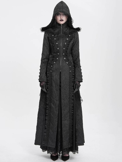 Eva Lady Black Gothic Double Breasted Extra Long Hooded Coat for Women