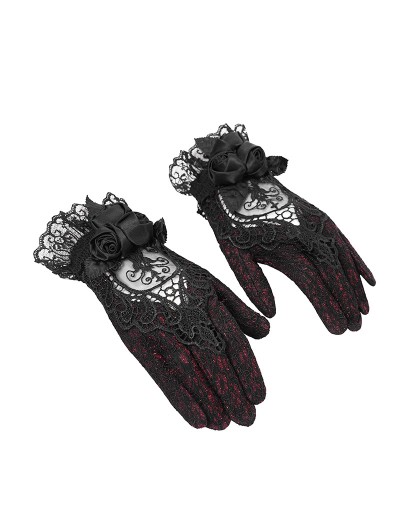 Eva Lady Red and Black Gothic Retro Ruffled Lace Gloves for Women