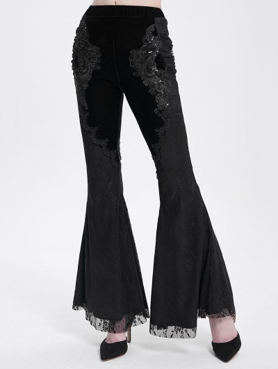 Eva Lady Black Gothic Lace Applique Velvet Long Flared Pants for Women