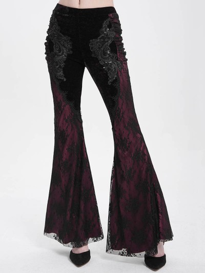 Eva Lady Black and Red Gothic Lace Applique Velvet Long Flared Pants for Women