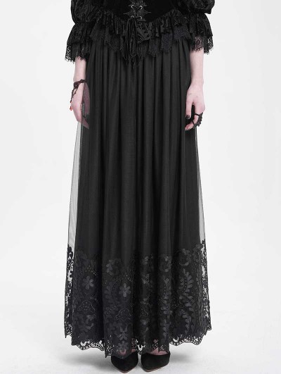 Eva Lady Black Gothic Elegant Lace Applique Mesh Maxi Skirt