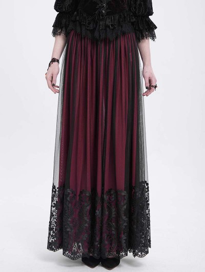 Eva Lady Red Gothic Elegant Lace Applique Mesh Maxi Skirt