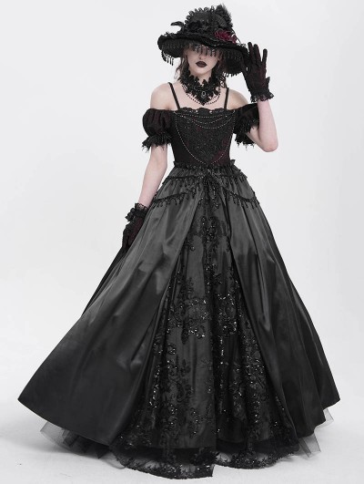 Eva Lady Black Gothic Off-the-Shoulder Beaded Lace Applique Long Party Ball Gown