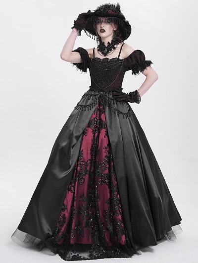 Eva Lady Black and Red Gothic Off-the-Shoulder Beaded Lace Applique Long Party Ball Gown