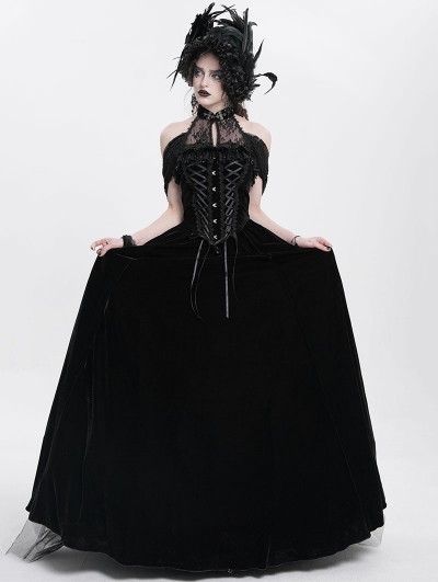 Eva Lady Black Gothic Vintage Lace Spliced Velvet Halter Long Party Dress