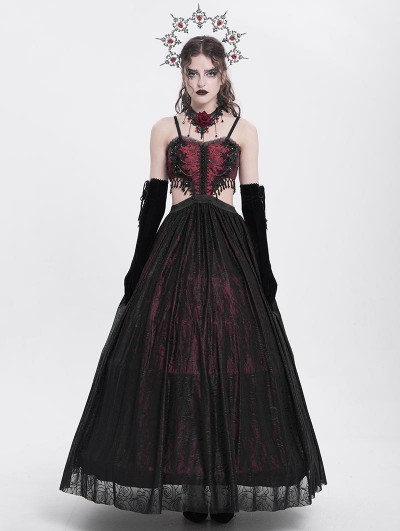 Eva Lady Red and Black Gothic Sexy Hollow Out Beaded Tassel Maxi Party Dress