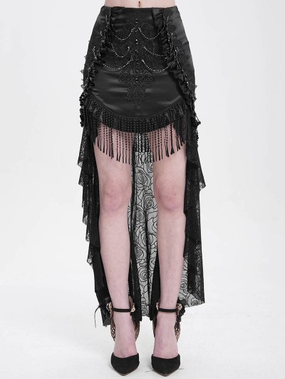 Eva Lady Black Gothic Sexy Lace Applique Tassel High-Low Skirt