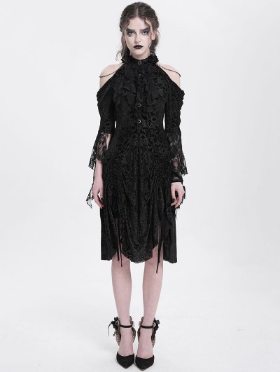 Eva Lady Black Gothic Beaded Cold Shoulder Flared Sleeve Drawstring Dress