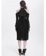 Eva Lady Black Gothic Beaded Cold Shoulder Flared Sleeve Drawstring Dress