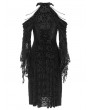 Eva Lady Black Gothic Beaded Cold Shoulder Flared Sleeve Drawstring Dress