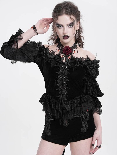 Eva Lady Black Gothic Off-Shoulder Flower Feather Velvet Top for Women