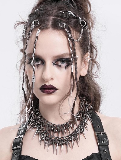 Devil Fashion Silver Gothic Punk Spiked Rivet Double Layered Necklace