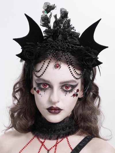 Devil Fashion Black Gothic Bat Wing Rose Feather Beaded Headdress