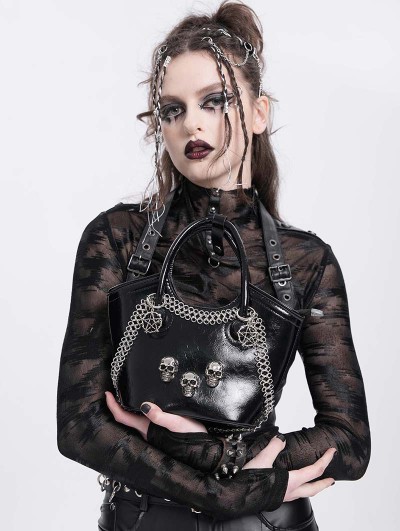 Devil Fashion Black Gothic Punk Skull Studded Top Handle Faux Leather Bag