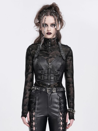 Devil Fashion Black Gothic Punk Zip Buckled Sweetheart Halter Vest Top for Women